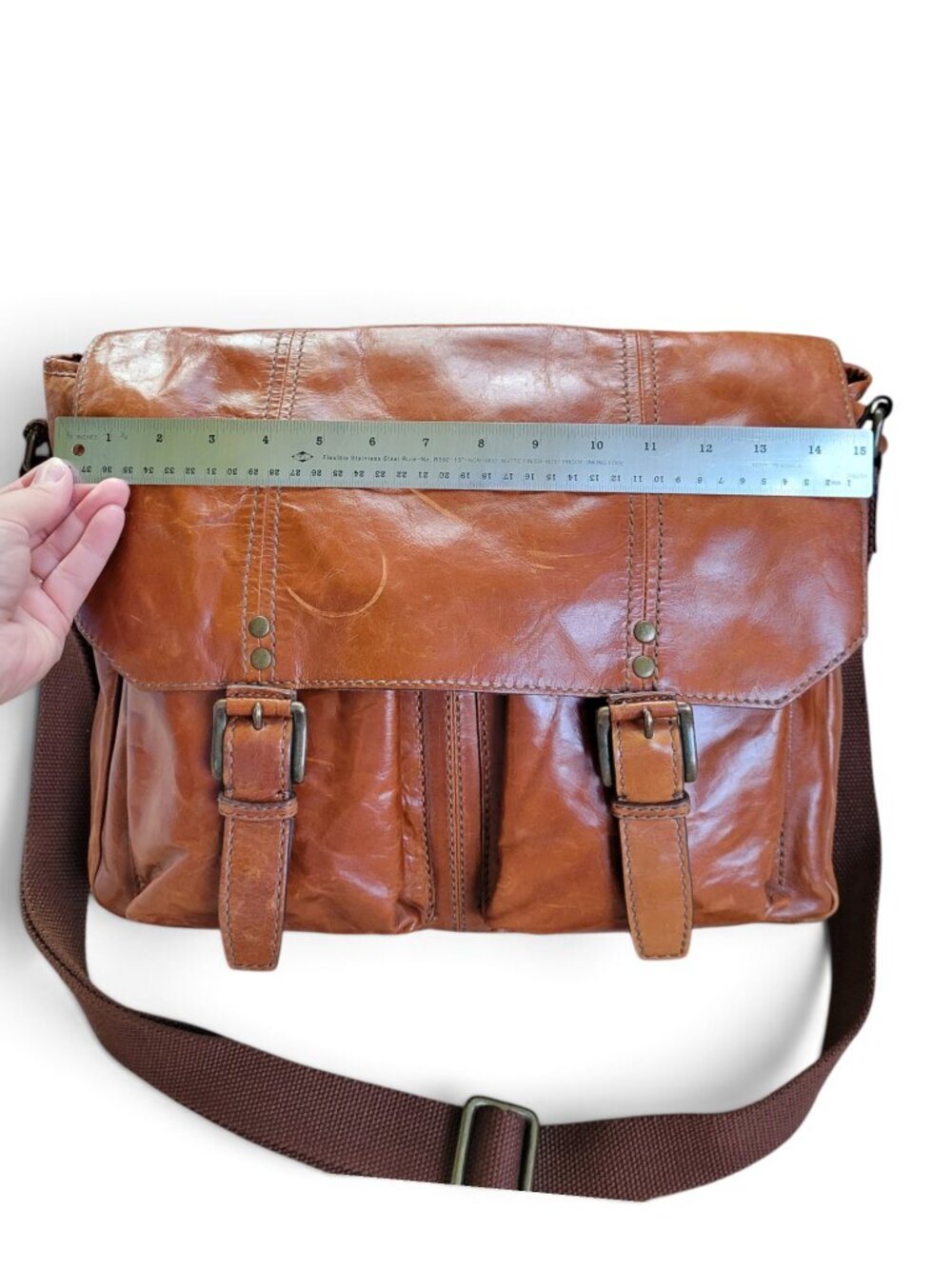 Fossil Cognac Brown Leather Messenger Bag with Adjustable Strap and Pockets - Picture 12 of 16